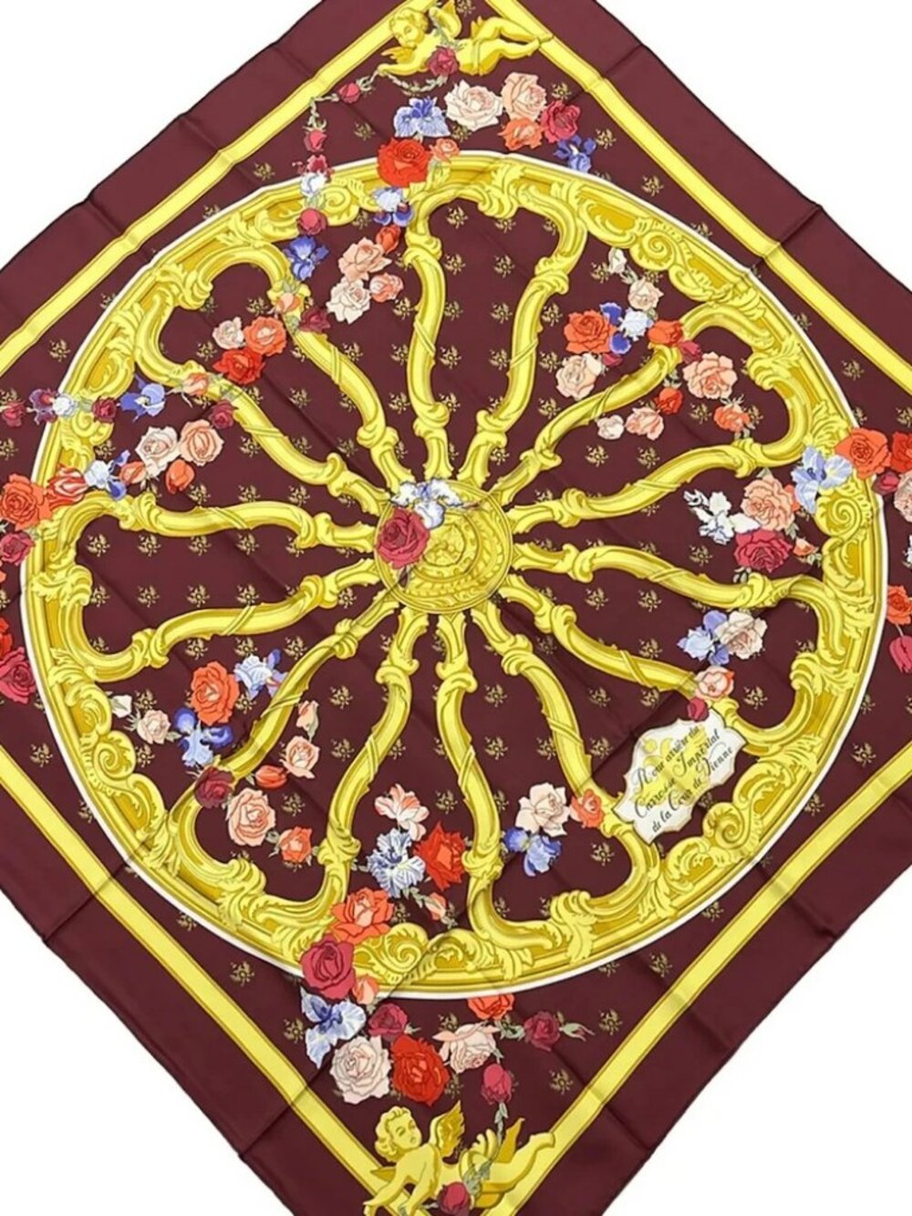 HERMES Carre 90 Bordeaux Yellow Multi Scarf